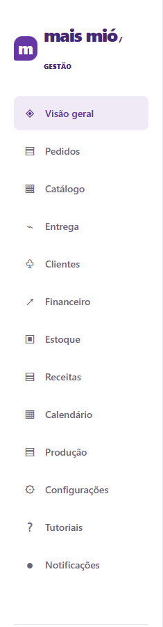 Menu real do Mais Mió com acesso a pedidos, catálogo, clientes, financeiro, estoque, receitas, calendário e produção.